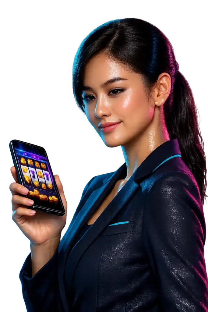 นางแบบสาวไทยถือมือถือแสดง สล็อตทดลองเล่นฟรี บรรยากาศพร้อมเล่น